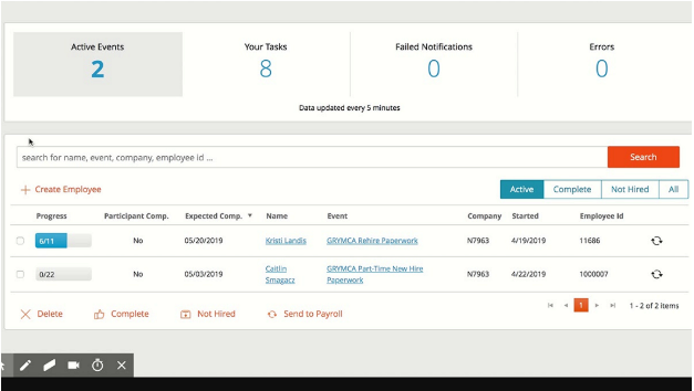 Screenshot of Paylocity onboarding dashboard