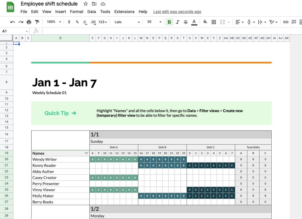 Google Sheets employee rostering software