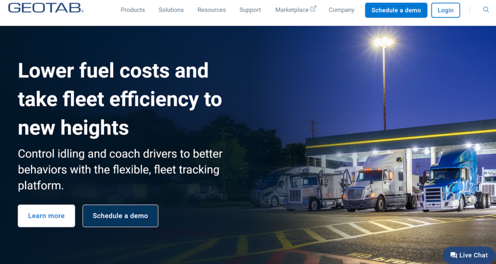 GeoTab website showing a fleet of trucks at a gas station.