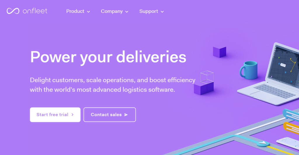 Onfleet website with text ‘Power your deliveries’ and a contact button.