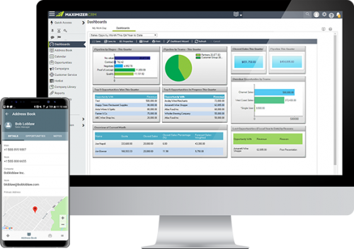 Maximizer's contact management software data dashboard for desktop and mobile