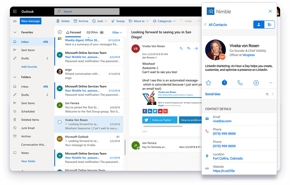 Nimble's contact management software with email inbox