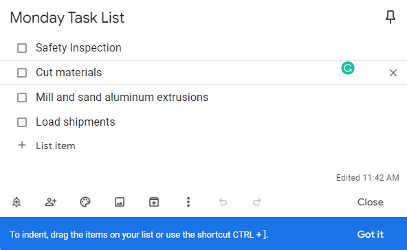 A list of items on the Google Keep checklist app