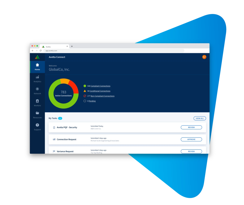 Avetta construction risk management software user interface of home page