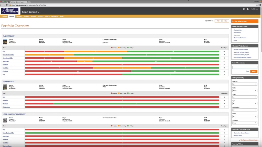 Procore's construction management software with a portfolio overview