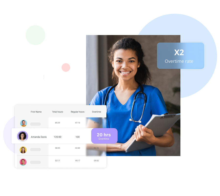 medical staff holding a folder and smiling with a screenshot of Connecteam's time clock feature