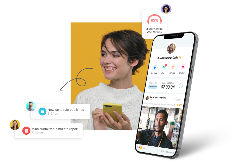 woman holding her phone and smiling with screenshot of Connecteam's main features