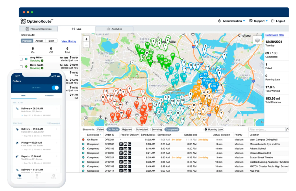 OptimoRoute field service management software user interface of orders