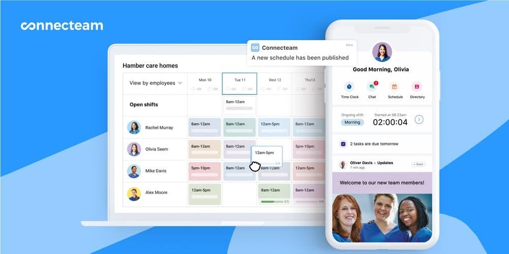 Image of the Connecteam apps, showing a drag-and-drop team schedule on desktop and a team member dashboard with time tracking on mobile.