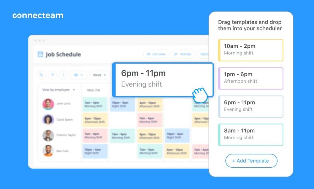 Image showing a drag-and-dropped shift block from a list of shift templates (on mobile) to a team schedule (on desktop).