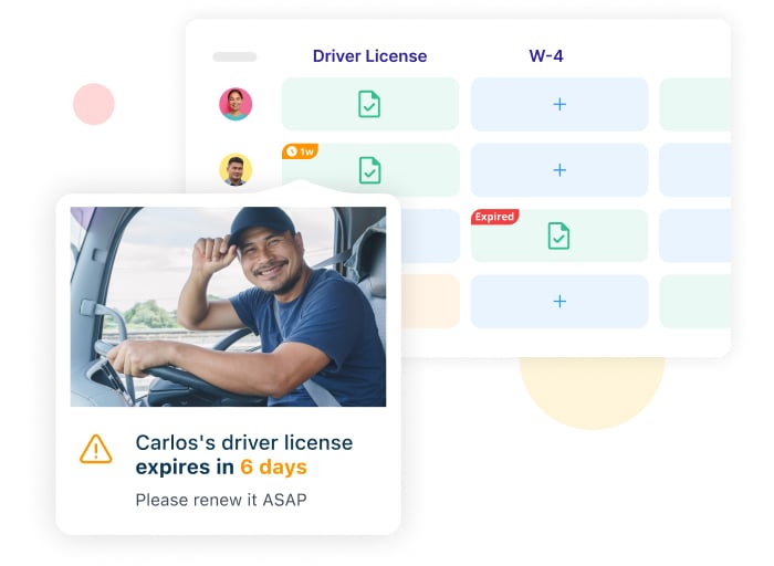 screenshot of Connecteam's expiration documents feature with picture of a man driving