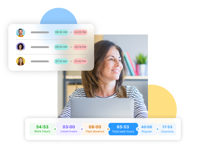 picture of a woman with her laptop and screenshots of Connecteam's time clock feature