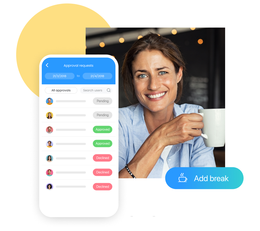 woman holding a cup of coffe and smiling with a picture of Connecteam's time clock requests feature