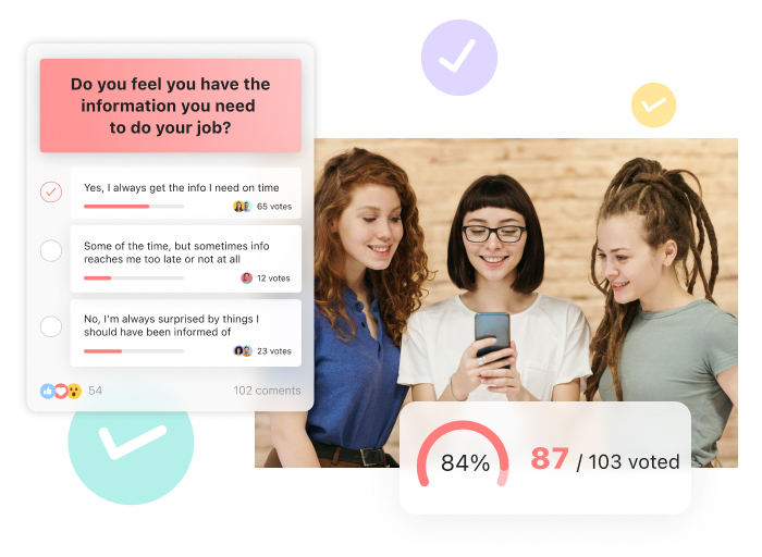 women looking at a phone and smiling with a screenshot of Connecteam's surveys feature