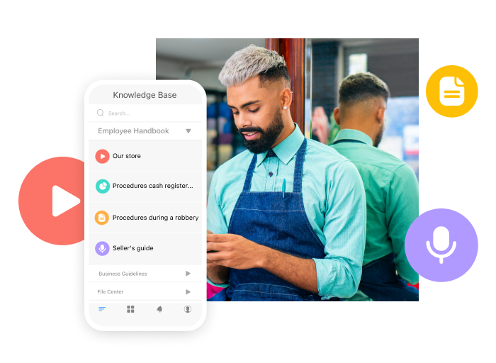 man looking at his phone with a screenshot of Connecteam's knowledge base feature