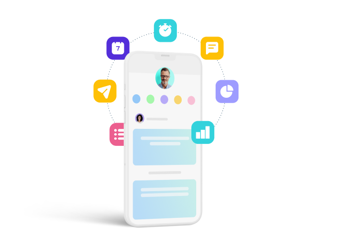 picture of a phone with Connecteam's app and its features