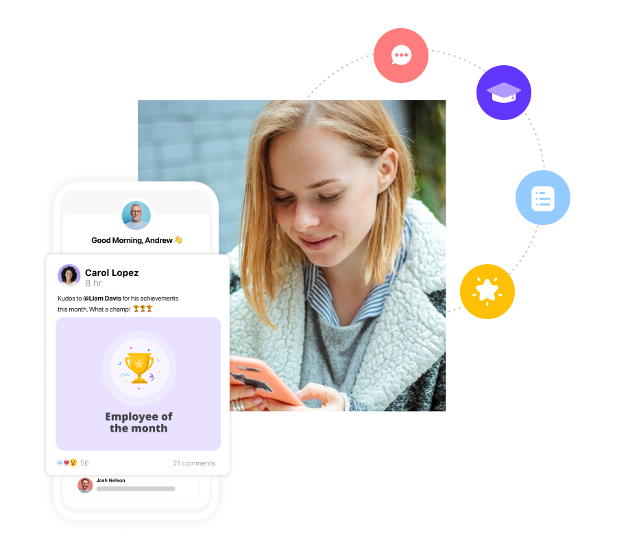 woman looking at her phone with a screenshot of Connecteam's recognition feature