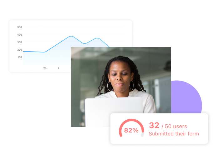 woman looking at her laptop with a screenshot of Connecteam's forms feature statistics