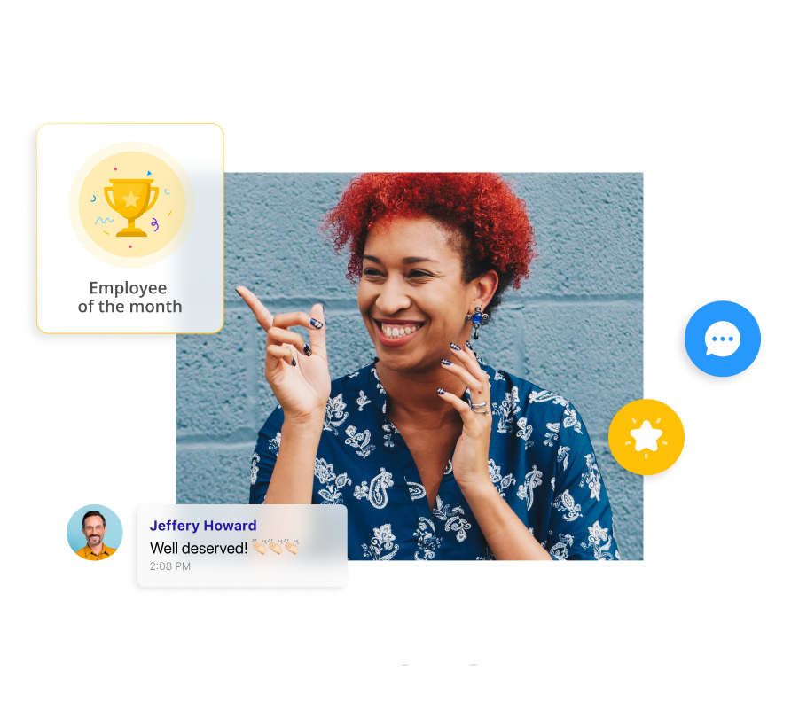 woman smiling with screenshot of Connecteam's recognition feature