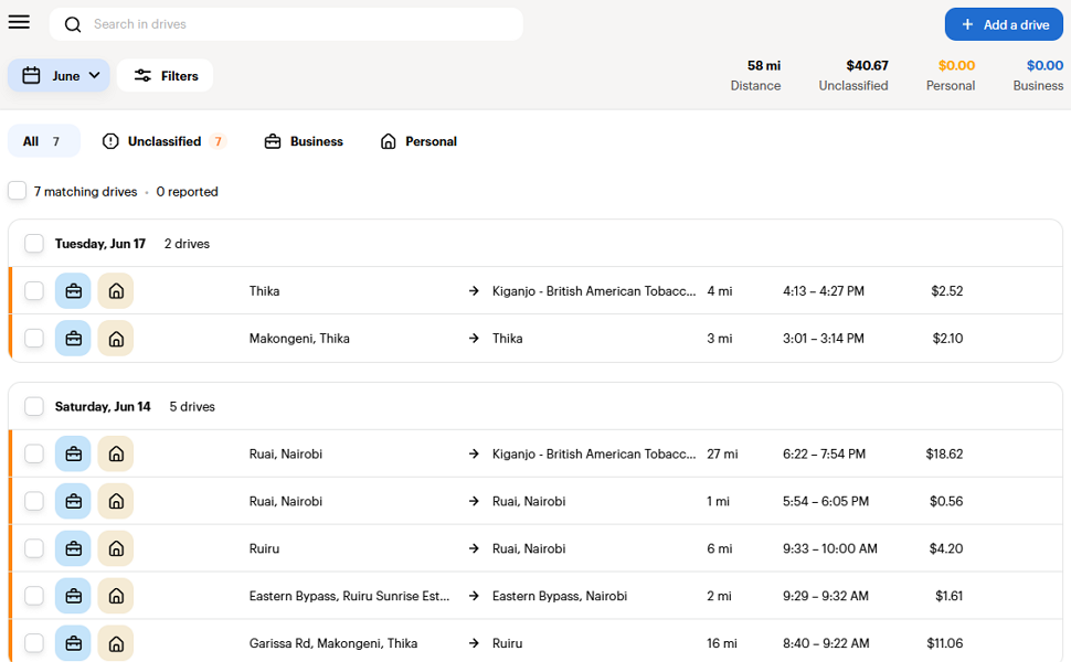 Screenshot showing MileIQ trips dashboard