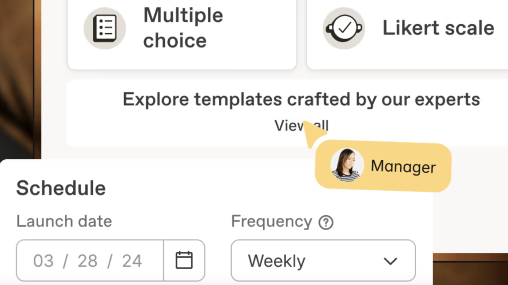 Screenshot of survey options on Officevibe, include question types, launch date, frequency, and the option to explore templates.