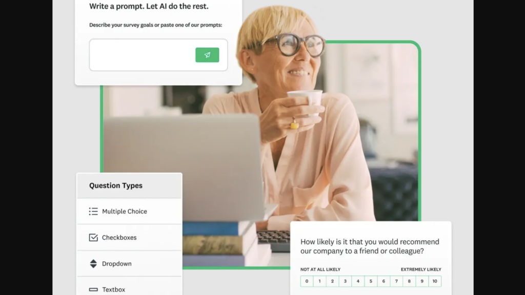 Screenshot of SurveyMonkey webpage advertising its survey features—including its AI tool and varied questions types—over an image of a smiling woman drinking a beverage.