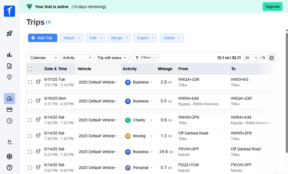 Screenshot showing TripLog’s trip summary
