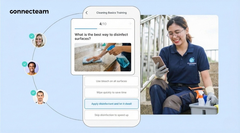 Cleaner takes a &ldquo;Cleaning Basics Training&rdquo; quiz on the Connecteam app on her phone.