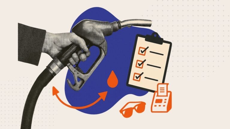 An illustration showing a hand holding gas pump nozzle