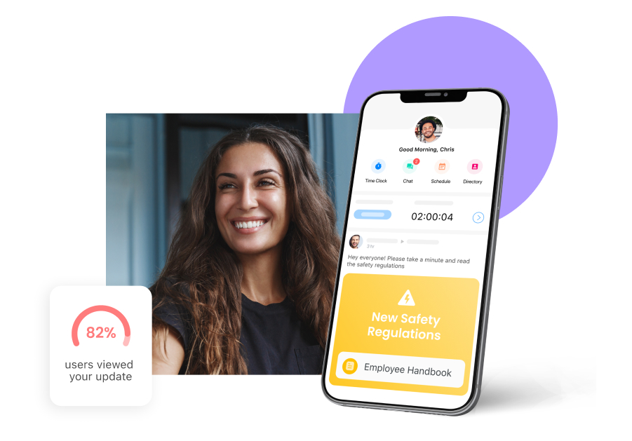 A smiling woman and screenshots from Connecteam's app