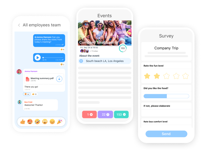 screenshots of Connecteam's chat, events and surveys features