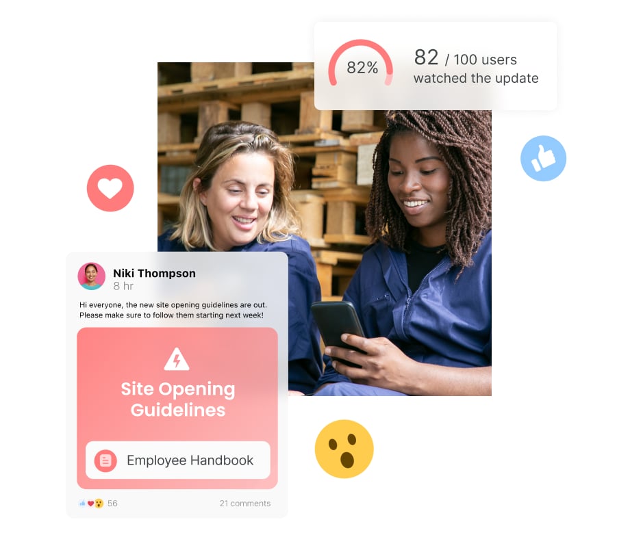 two women looking at a phone with screenshot of Connecteam's updates feature