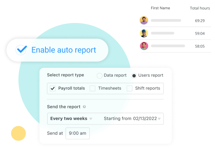screenshots of Connecteam's time clock reports feature