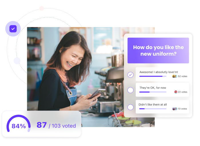 woman looking at her phone and smiling with a screenshot of Connecteam's surveys feature