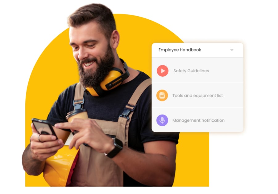 man looking at his phone with a screenshot of Connecteam's knowledge base feature