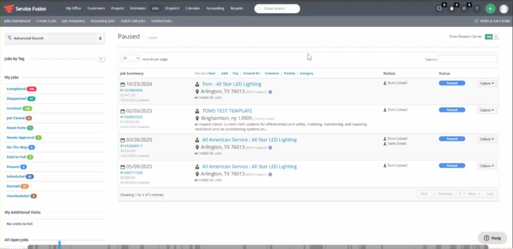 Service Fusion software interface shows a jobs dashboard displaying a list of paused entries with details like job summary, technician names, and billing statuses, alongside a comprehensive "My Jobs" sidebar tracking totals for completed, dispatched, and invoiced tasks.