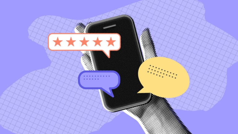 A collage of a mobile phone with speech bubbles and a star rating