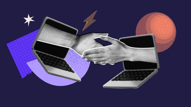 A collage of hand reaching out of two laptop computers