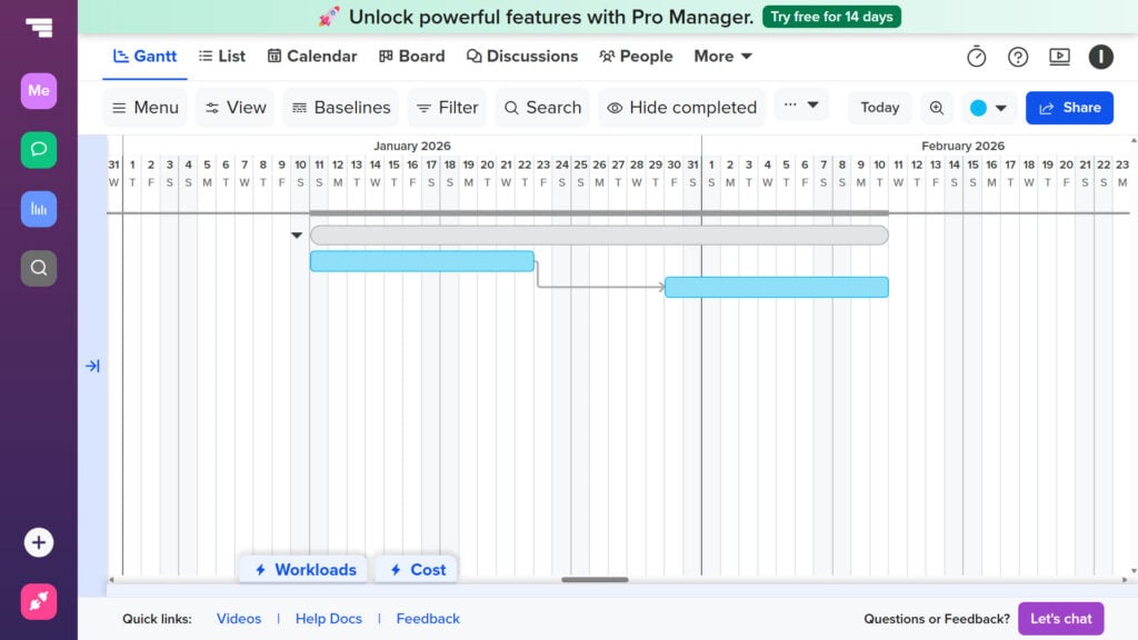 Screenshot of TeamGantt web app showing a timeline with blue task bubbles.