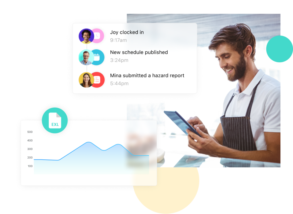A restaurant manager views the performance of his employees using Connecteam's workforce management software