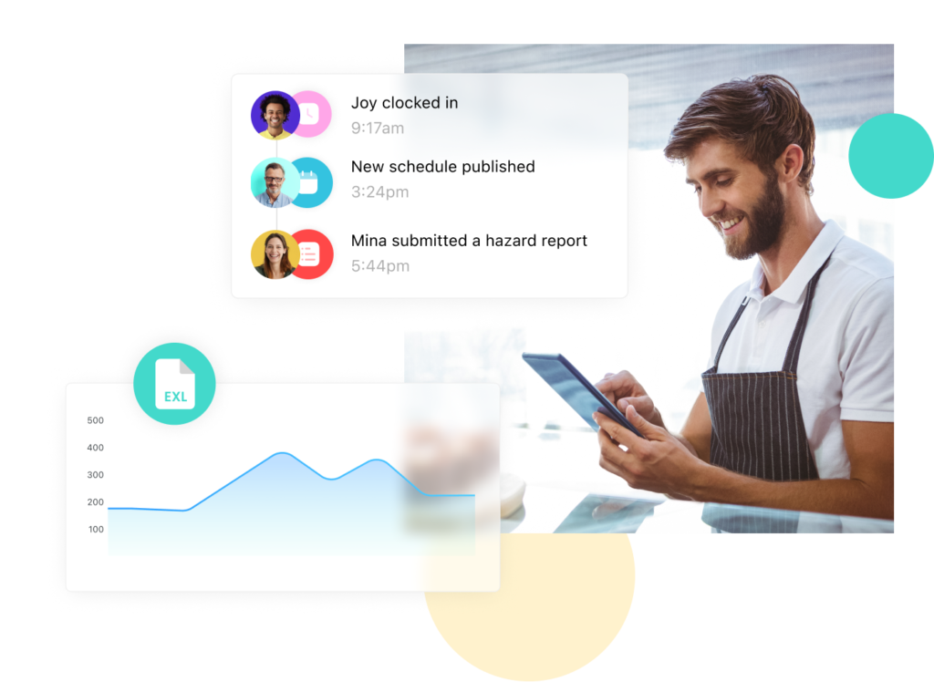 A restaurant manager views the performance of his employees using Connecteam's workforce management software