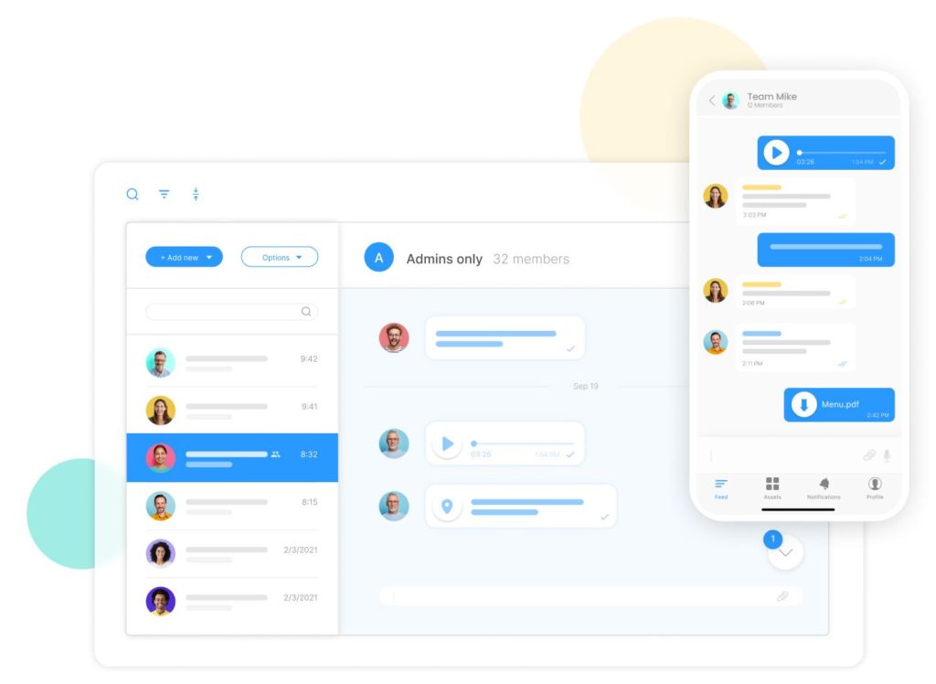 Preview of the Chat feature (both desktop and mobile) by Connecteam - cloud communication platform for business