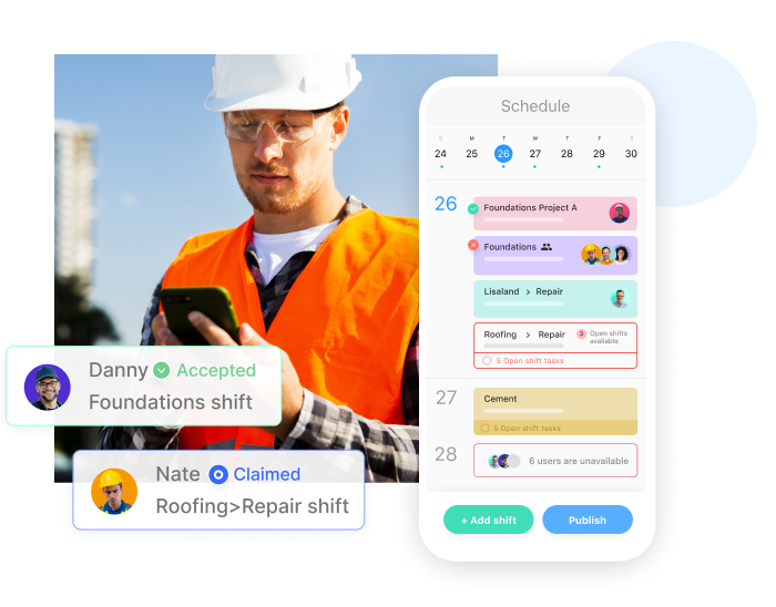 Construction worker using Connecteam's field service dispatch software (user interface)