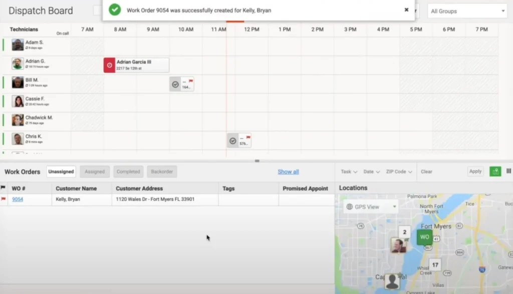 Based on FieldEdge-Dispatch-2048x1175.webp, the FieldEdge software dashboard displays a dispatch board grid for tracking technician daily schedules alongside a work orders table and an embedded GPS map tracking job locations.
