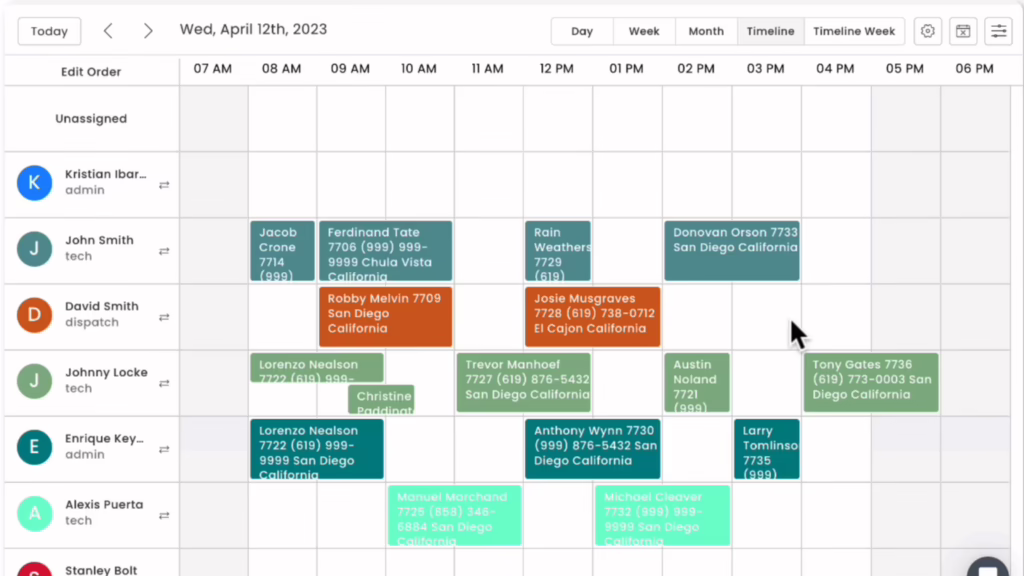 Workiz software dashboard displays a daily technician scheduling grid featuring hourly columns, a left-hand list of team members categorized by roles, and color-coded job blocks containing client names, phone numbers, and location details.