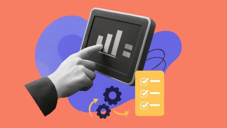 Hand operating touchscreen with charts, gears, and checklist icons on an orange background.