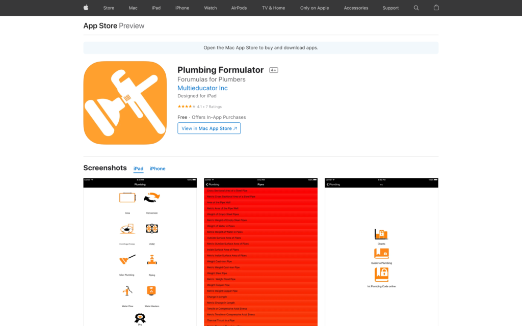 Screenshot of Plumbing Formulator page on Apple Store