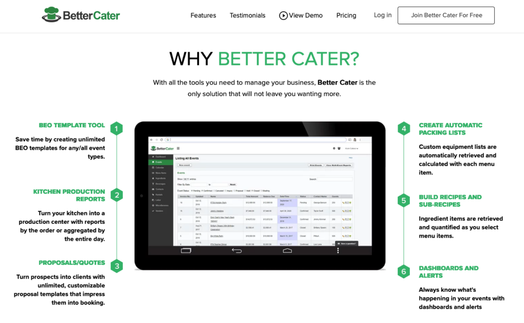 Better Cater catering management software showcasing event planning, kitchen production reports, proposals, packing lists, recipe tools, and event dashboards.