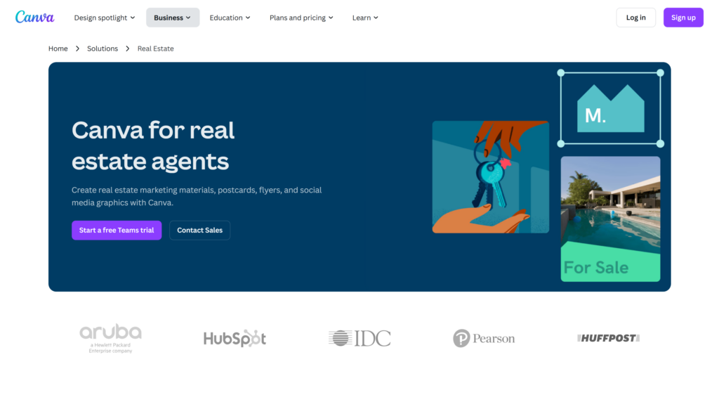 he “Canva for real estate agents” landing page, with advertisements for marketing materials and buttons for starting a free trial or contacting sales.