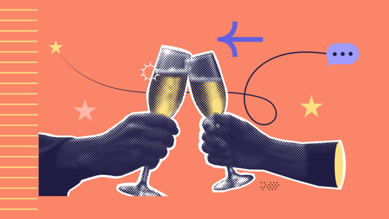 A collage of two hands holding champagne flutes